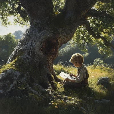 Young Boy Sketching Under Oak Tree