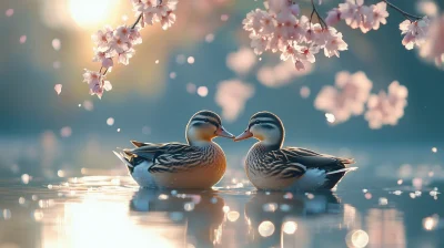 Ducks Under Sakura Tree