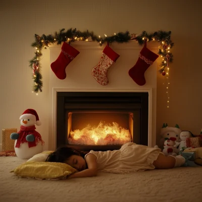 Girl Sleeping by Fireplace