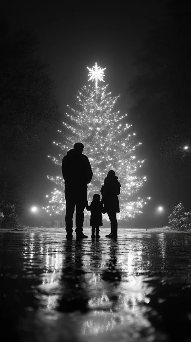 Family Silhouette by Christmas Tree