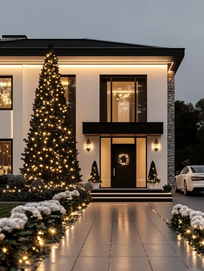 Modern White and Black House with Christmas Tree