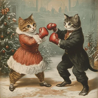 Victorian Christmas Card with Cats Boxing