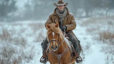 Cowboy Riding Through Snow