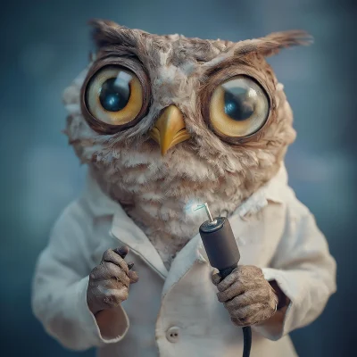 Funny Owl in a White Coat