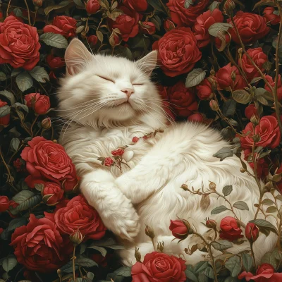 White Cat Amidst Red Roses