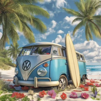 Surf Board and Vintage VW Transporter