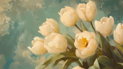 Vintage Oil Painting of White Tulips