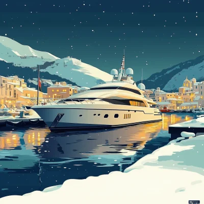 Yacht in a Snowy Port