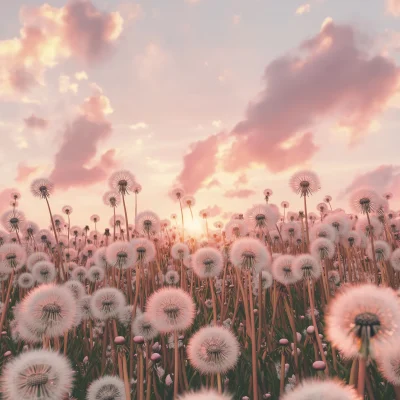 Pink and White Dandelion Meadow at Dusk