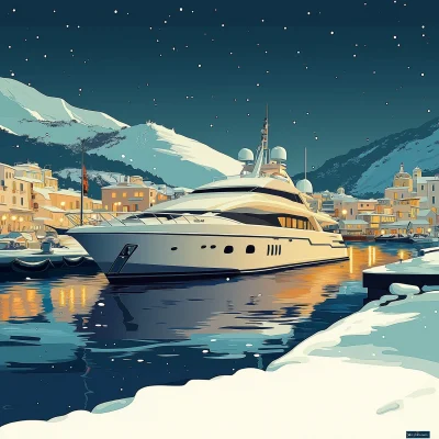 Yacht in a Snowy Port