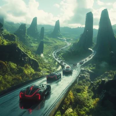 Futuristic Cars on a Green Road