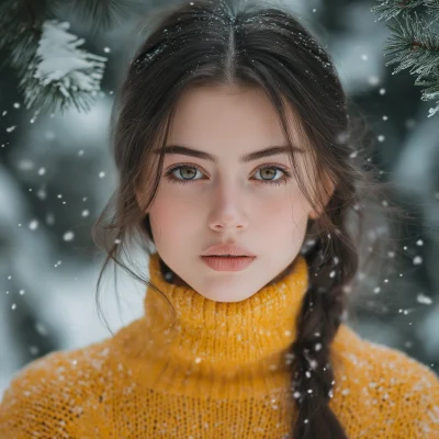 Girl in a Sweater Among Snowy Pines