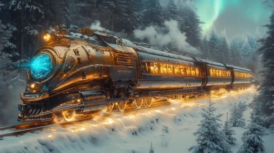 Steampunk Train in a Snowy Forest