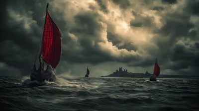 Viking Longships at Sea