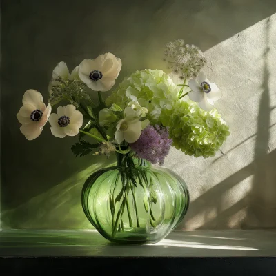 Green Glass Vase with Flowers