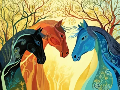 Three Horse Faces in Eyvind Earle Style