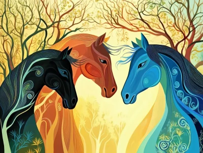 Three Horse Faces in Eyvind Earle Style