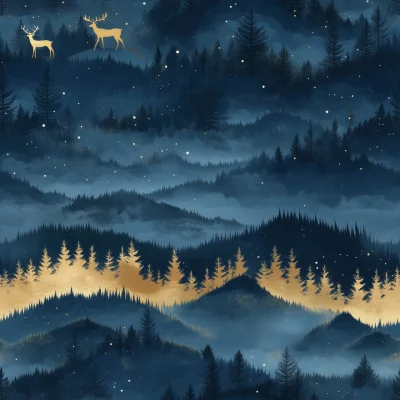 Misty Night Sky with Reindeers