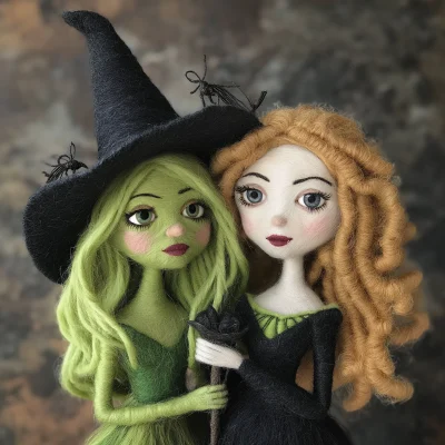 Needle Felted Glinda and Elphaba Dolls