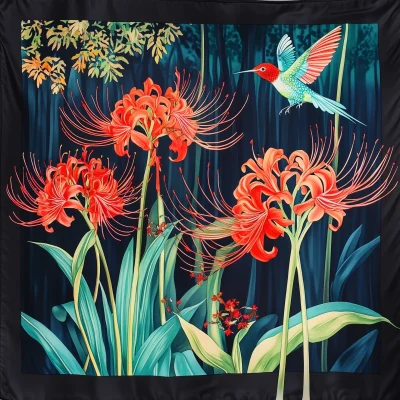 Vibrant Spider Lilies and Hummingbirds