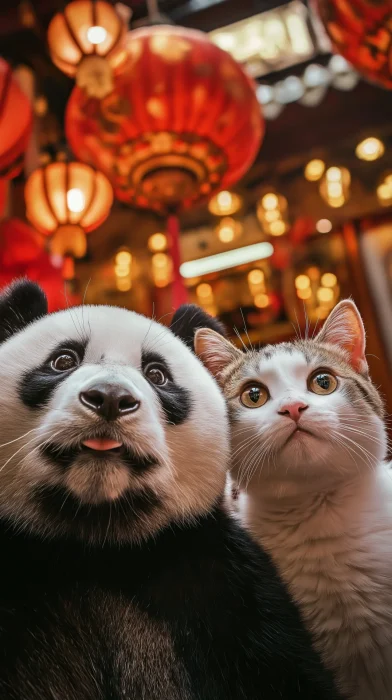 Happy Panda and Cat Selfie