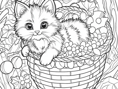 Kitten in Gift Basket Coloring Page