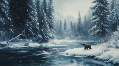 Brown Bear in Winter Forest