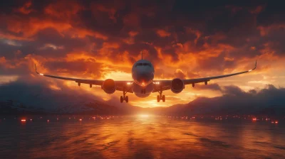 Airplane Taking Off at Sunset