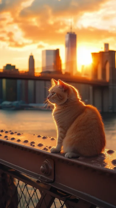 Cat on Brooklyn Bridge at Sunset