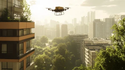 Drone Carrying Cargo Over City