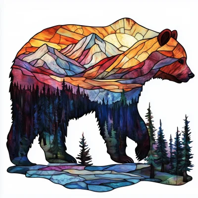 Stained Glass Bear in Forest