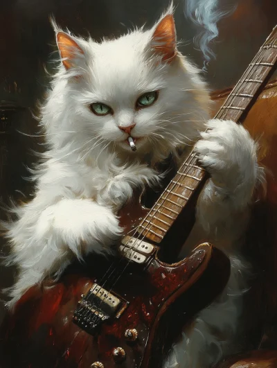 Turkish Angora Cat Playing Guitar