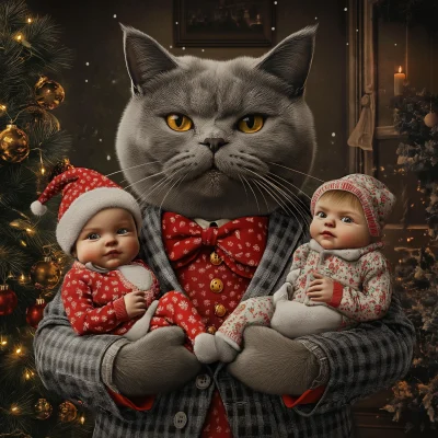 Proud British Shorthair Cat in Christmas Suit