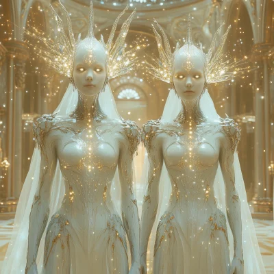 Ethereal Queens in a Futuristic Hall