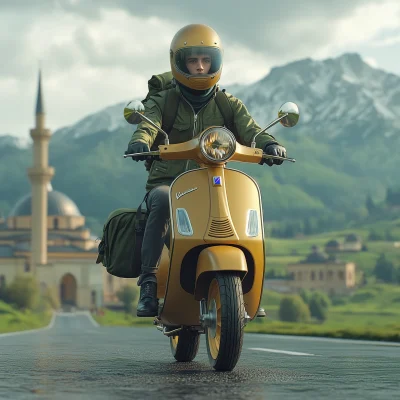 Young Man Riding a Gold Vespa