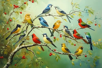 Colorful Birds on Aspen