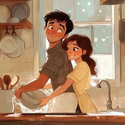 Cute Couple Washing Dishes