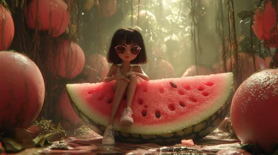 Cartoon Girl on Watermelon