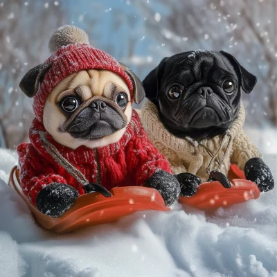 Pugs Sledding in Winter