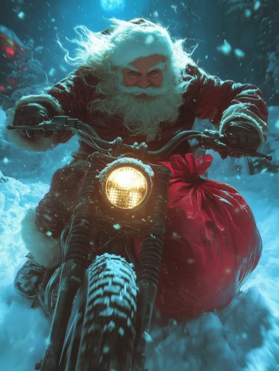 Santa Riding a Motorbike in the Snow