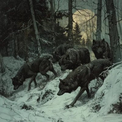 Dire Wolf Pack in Snowy Forest