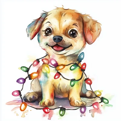 Playful Dog with Christmas Lights