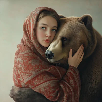 Beautiful Russian girl in the arms of a bear