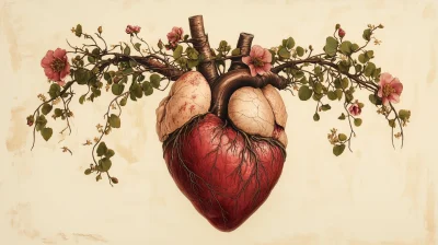 Anatomical Heart with Vines and Flowers