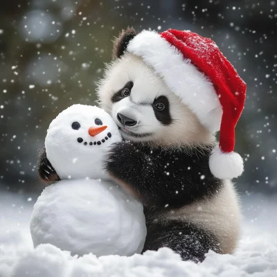 Panda Building a Snowman