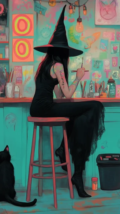 Witch with Black Cat in Tattoo Shop