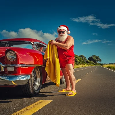 Muscular Santa on the Beach