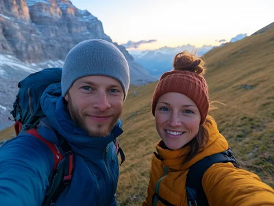 Selfie of Hikers in Swiss Alps