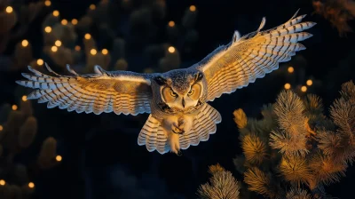 Majestic Great Horned Owl in Flight