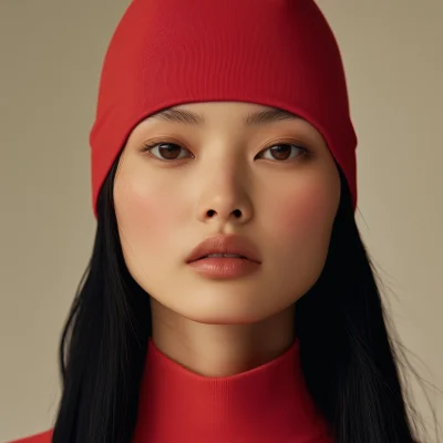 Asian Model in Red Swim Cap